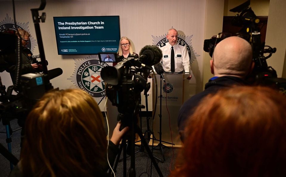 Assistant Chief Constable Davy Beck pictured during a briefing relating to the Presbyterian Church in Ireland safeguarding accompanied by Geraldine Hanna, chief executive, Victim Support NI.  Picture By: Arthur Allison/Pacemaker Press.